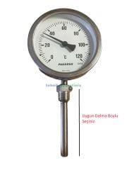 Ø100mm -30/+60°C Derece, Komple Paslanmaz Alttan Çıkışlı G1/2'' Bi-Metal Sıcaklık Ölçer, Termometre, Mekanik Isı Gösterge Saati, CL2,0 PAKKENS, Dalma Boyu :