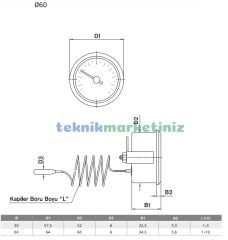 Ø60mm 0/250 C° Derece Gaz Dolgu Kablolu Göstergeli Sıcaklık Ölçer Termometre EN13190 Panotip Arka Çıkışlı Kablo Boyu :