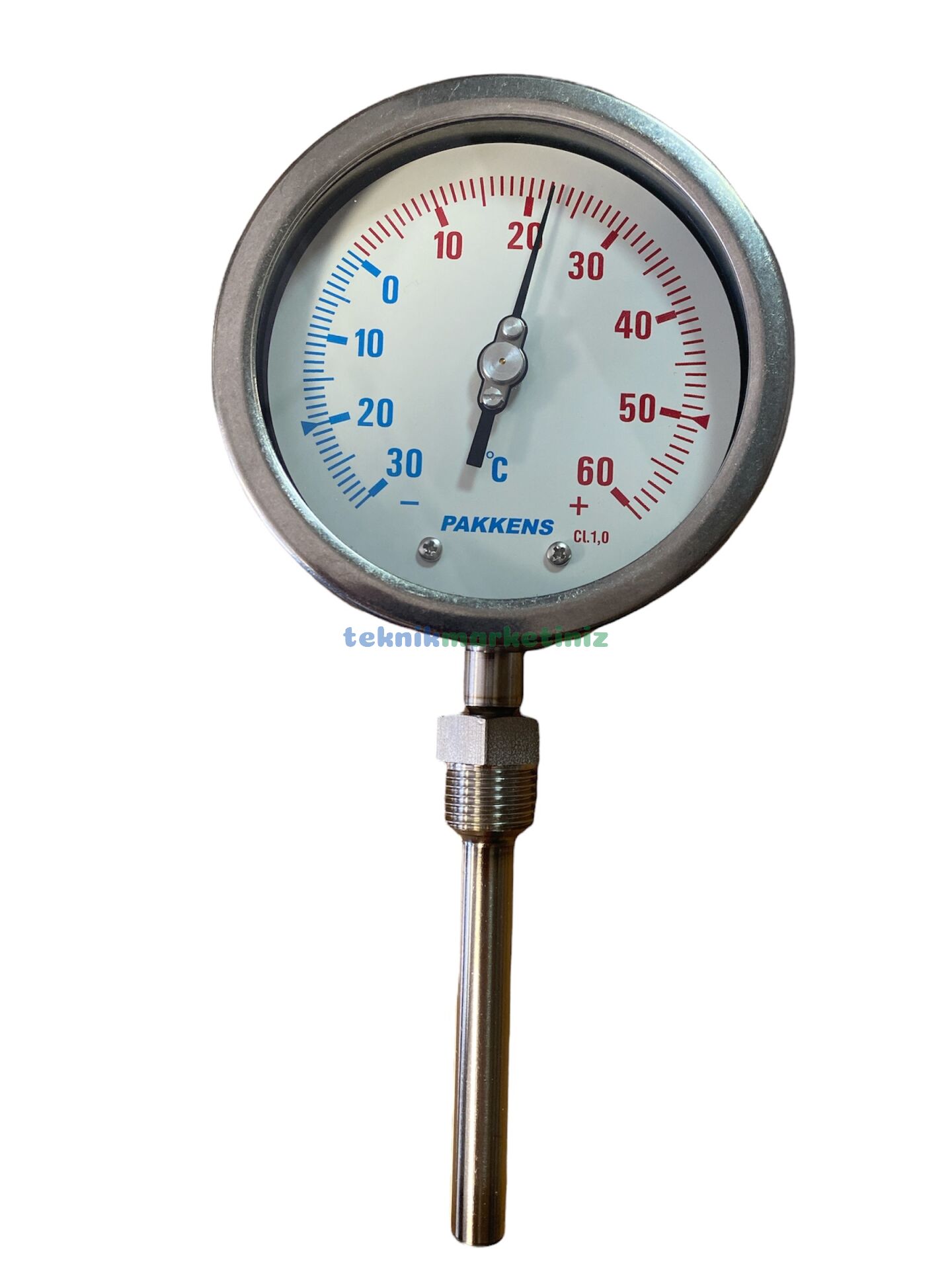 Ø100mm -30/+60°C Derece, CL1,0 IP65 Komple Paslanmaz Alttan Çıkışlı G1/2'' Bi-Metal Sıcaklık Ölçer, Termometre, Mekanik Isı Gösterge Saati PAKKENS, Dalma Boyu :