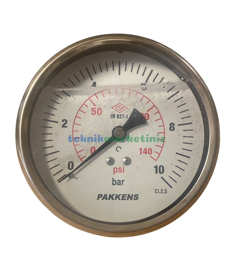 Ø100mm 0-10 Bar Arkadan Bağlantılı Gliserinli, Sıvı Dolgulu G1/2'' Manometre, Basınç Göstergesi CL2,5 PAKKENS