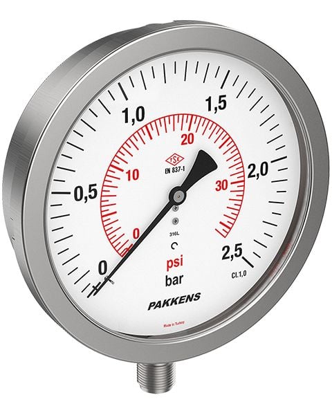 Çap Ø160mm Komple Paslanmaz Hassas Basınç Ölçer Manometre PAKKENS (Alttan Bağlantı, Arkadan Bağlantı Eksenden Kaçık Panotip) ve 0/0,6..1..1,6..2,5..4..6..10..16..25..40..60..100..160..250..315..400..600  BAR/PSİ SEÇENEKLERİYLE