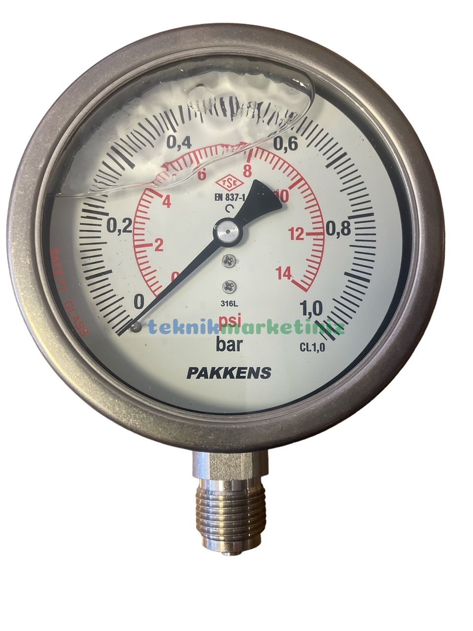 Ø100mm 0/1 Bar Alttan Bağlantılı Komple Paslanmaz, Sıvı Dolgulu Gliserinli CL1,0 Hassas Basınç Ölçer, Manometre G1/2'' Class 1,0 PAKKENS