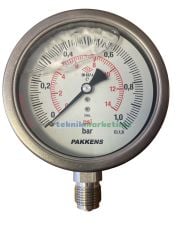 Ø100mm 0/1 Bar Alttan Bağlantılı Komple Paslanmaz, Sıvı Dolgulu Gliserinli CL1,0 Hassas Basınç Ölçer, Manometre G1/2'' Class 1,0 PAKKENS