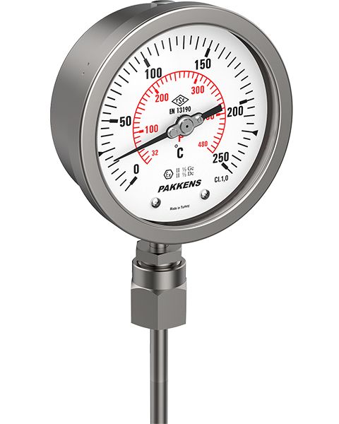 ÇAP Ø100mm 0-120 C° KOMPLE PASLANMAZ ALTTAN BAĞLANTILI PAKKENS MEKANİK GÖSTERGELİ Bİ-METAL SICAKLIK ÖLÇER, TERMOMETRE