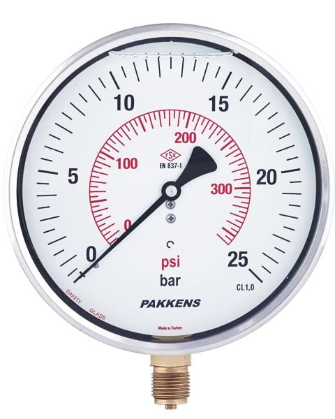 Çap Ø160mm Sıvı Dolgulu Hassas Basınç Ölçer Manometre PAKKENS (Alttan Bağlantı, Arkadan Bağlantı Eksenden Kaçık Panotip) ve 0/0,6..1..1,6..2,5..4..6..10..16..25..40..60..100..160..250..315..400..600  BAR/PSİ SEÇENEKLERİYLE