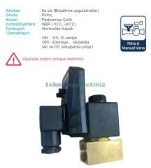 1/2'' Zamanlayıcılı Normalde Kapalı Otomatik Kompresör Tank Boşaltma Tahliye Solenoid Valfi 16 Bar + Manuel Vana ve Pislik Tutucu Filtre Aparatıyla Beraber