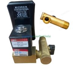 1/2'' Zamanlayıcılı Normalde Kapalı Otomatik Kompresör Tank Boşaltma Tahliye Solenoid Valfi 16 Bar + Manuel Vana ve Pislik Tutucu Filtre Aparatıyla Beraber