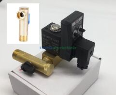 1/2'' Zamanlayıcılı Normalde Kapalı Otomatik Kompresör Tank Boşaltma Tahliye Solenoid Valfi 16 Bar + Manuel Vana ve Pislik Tutucu Filtre Aparatıyla Beraber