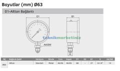 Ø63mm 0/100 Milibar Alttan Bağlantılı Gliserinli Kapsül Diyaframlı Basınç Ölçer, Milibar Manometre G1/4'' CL1,6 PAKKENS