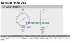 Ø63mm 0/600 Milibar Alttan Bağlantılı Gliserinli Kapsül Diyaframlı Basınç Ölçer, Milibar Manometre G1/4'' CL1,6 PAKKENS