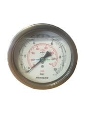 Ø100mm 0/10 Bar Eksenden Kaçık Arka Bağlantılı Gliserinli CL1,0 Hassas Basınç Ölçer, Manometre G1/2'' Prinç Bağlantı Elemanlı Class 1,0 PAKKENS