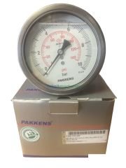Ø100mm 0/10 Bar Eksenden Kaçık Arka Bağlantılı Gliserinli CL1,0 Hassas Basınç Ölçer, Manometre G1/2'' Prinç Bağlantı Elemanlı Class 1,0 PAKKENS