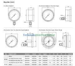 Ø100mm 0/10 Bar Eksenden Kaçık Arka Bağlantılı Gliserinli CL1,0 Hassas Basınç Ölçer, Manometre G1/2'' Prinç Bağlantı Elemanlı Class 1,0 PAKKENS