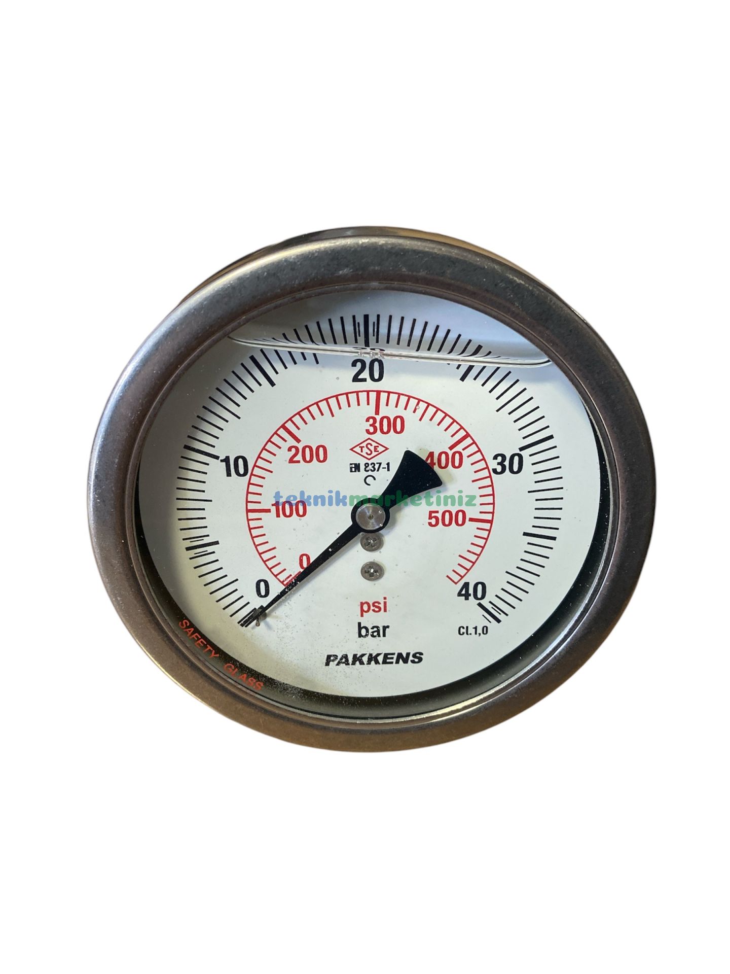 Ø100mm 0/40 Bar Eksenden Kaçık Arka Bağlantılı Gliserinli CL1,0 Hassas Basınç Ölçer, Manometre G1/2'' Prinç Bağlantı Elemanlı Class 1,0 PAKKENS