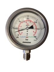 Ø100mm 0/0,6 Bar Alttan Bağlantılı Komple Paslanmaz, Sıvı Dolgulu Gliserinli CL1,0 Hassas Basınç Ölçer, Manometre G1/2'' Class 1,0 PAKKENS