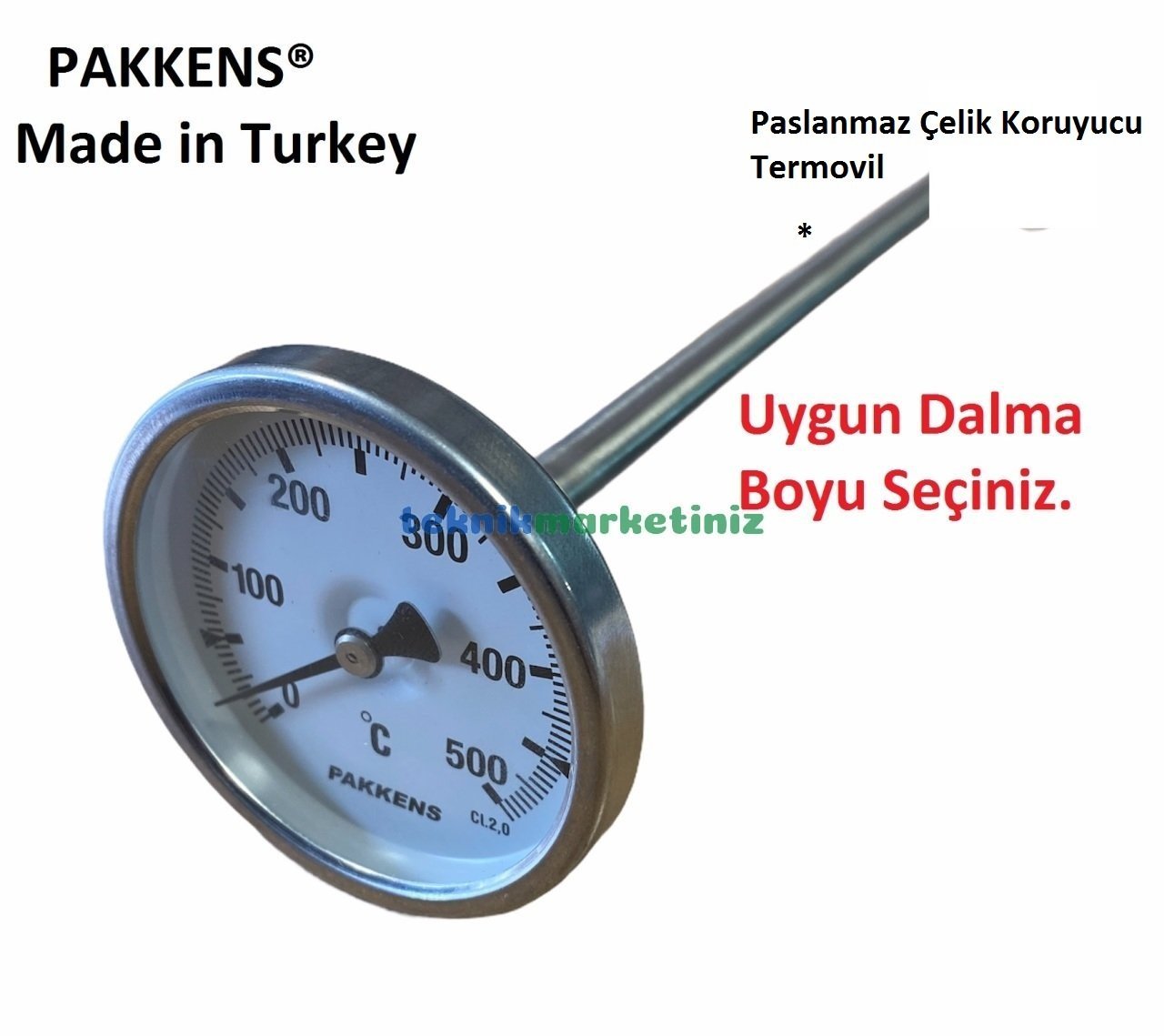 Ø63mm 500 C° 20 cm Dalma Boylu Fırın / Taş Fırın Termometresi PAKKENS
