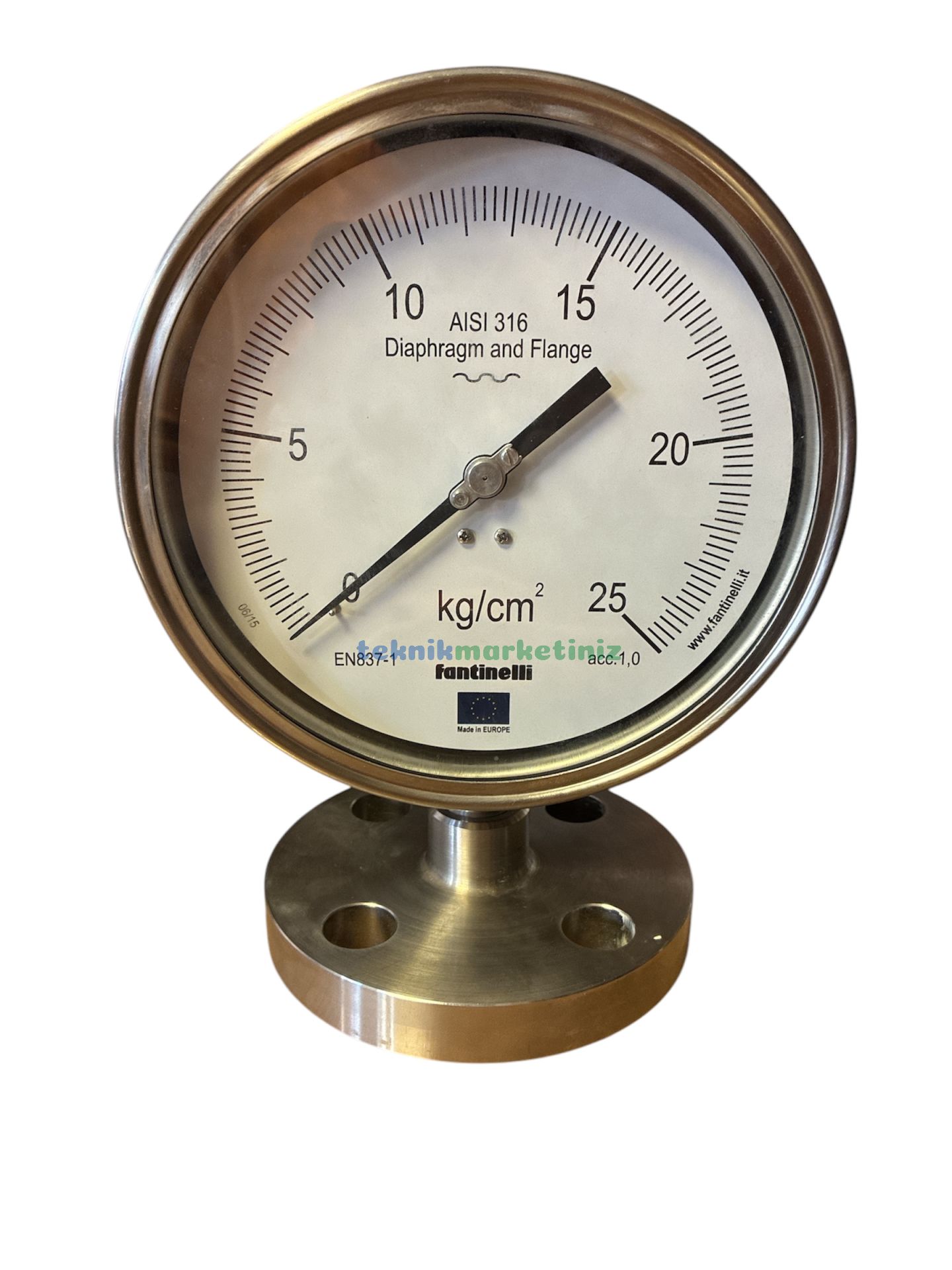 Ø160mm 0-25 kg/cm2 Diyafram Ayırıcılı Alttan Flanş Bağlantılı Komple Paslanmaz Kurutip CL1,0 Hassas Basınç Ölçer, Manometre G1/2'' Class 1,0 Fantinelli