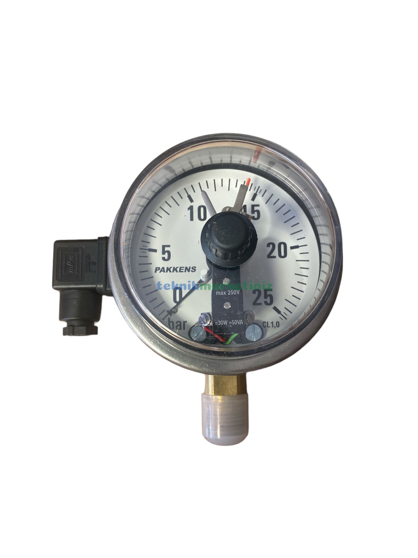 Ø100mm 0/25 Bar Alttan Bağlantılı TEK Elektrik Kontaklı Hassas Manometre, Basınç Ölçer IP65 Kurutip G1/2'' CL1,0 PAKKENS