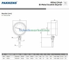 Ø100mm 0/+350°C Derece, Alttan Çıkışlı G1/2'' Bi-Metal Sıcaklık Ölçer, Termometre, Paslanmaz Termovilli Mekanik Isı Gösterge Saati, EN 13190, CL2,0 PAKKENS, Dalma Boyu :