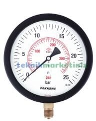 Ø160mm 0/25 Bar Alttan Bağlantılı Kurutip CL1,0 Hassas Basınç Ölçer, Manometre G1/2'' Prinç Bağlantı Elemanlı Class 1,0 PAKKENS