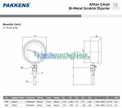 Ø160mm 0/+120°C Derece, Alttan Çıkışlı G1/2'' Bi-Metal Sıcaklık Ölçer, Termometre, Paslanmaz Termovilli Mekanik Isı Gösterge Saati, EN 13190, CL2,0 PAKKENS, Dalma Boyu :