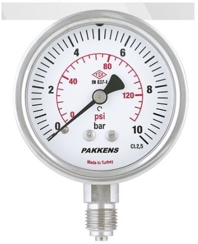 Çap Ø63mm Komple Paslanmaz Basınç Ölçer Manometre PAKKENS (Alttan Bağlantı, Arkadan Bağlantı, Panotip Arkadan Bağlantı) ve 0/2,5..4..6..10..16..25..40..60..100..160..250..315..400..600  BAR/PSİ SEÇENEKLERİYLE