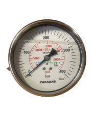 Ø100mm 0-400 Bar Panotip Arkadan Bağlantılı Gliserinli, Sıvı Dolgulu G1/2'' Manometre, Basınç Göstergesi CL2,5 PAKKENS
