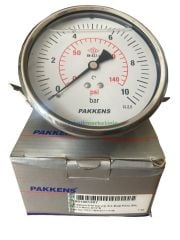 Ø100mm 0-10 Bar Panotip Arkadan Bağlantılı Gliserinli, Sıvı Dolgulu G1/2'' Manometre, Basınç Göstergesi CL2,5 PAKKENS