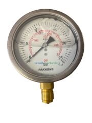 Ø100mm 0/25 Bar Alttan Bağlantılı Paslanmaz Gövde Sıvı Dolgulu CL1,0 Hassas Basınç Ölçer, Manometre G1/2'' Prinç Bağlantı Elemanlı Class 1,0 PAKKENS