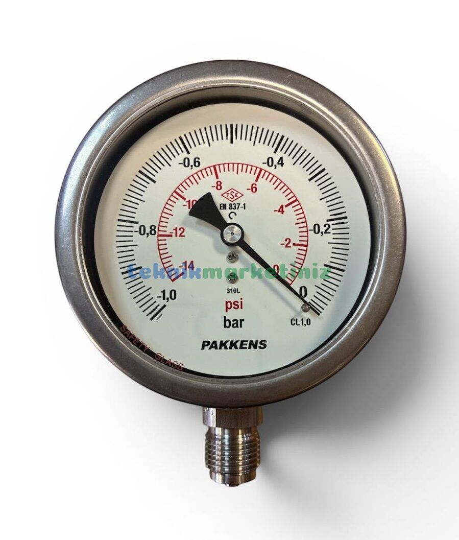 Ø100mm -1 / 0 Bar Alttan Bağlantılı Kurutip Paslanmaz G1/2'' Hassas Vakummetre, Vakum Göstergesi CL1,0 PAKKENS