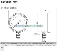 Ø100mm -1 / 0 Bar Alttan Bağlantılı Kurutip Paslanmaz G1/2'' Hassas Vakummetre, Vakum Göstergesi CL1,0 PAKKENS