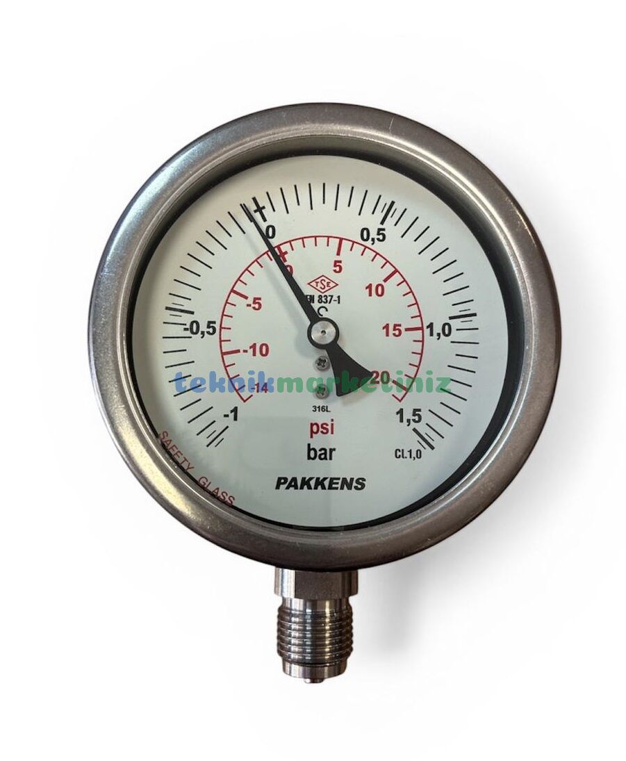 Ø100mm -1 / +1,5 Bar Alttan Bağlantılı Kurutip Paslanmaz G1/2'' Hassas ManoVakummetre, Basınç Vakum Göstergesi CL1,0 PAKKENS