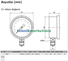 Ø100mm -1 / +1,5 Bar Alttan Bağlantılı Kurutip Paslanmaz G1/2'' Hassas ManoVakummetre, Basınç Vakum Göstergesi CL1,0 PAKKENS