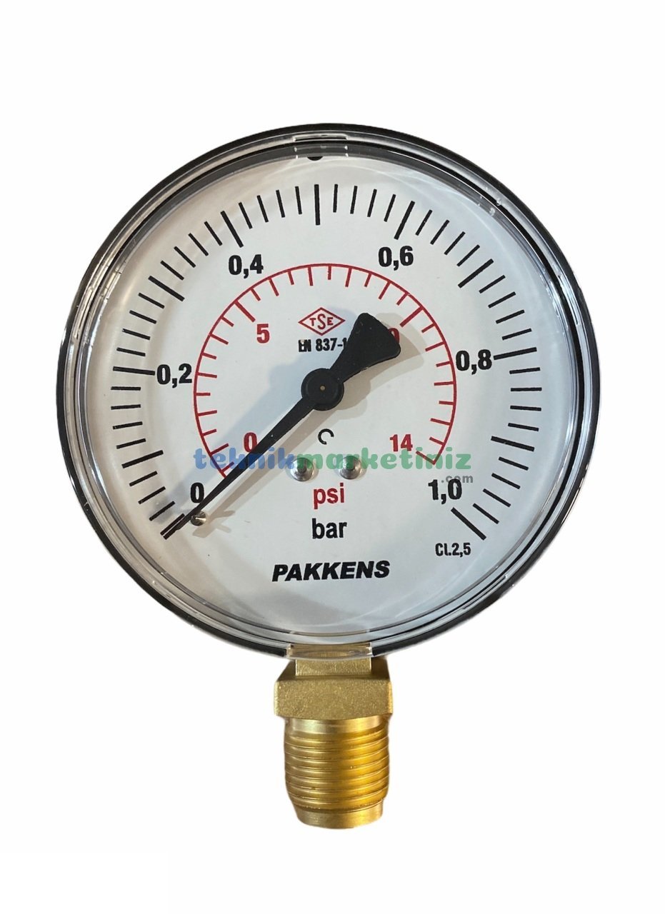 Ø100mm 0-1 Bar G1/2'' inç Alttan Bağlantılı Genel Amaçlı Kurutip Manometre, Basınç Göstergesi CL2,5 PAKKENS