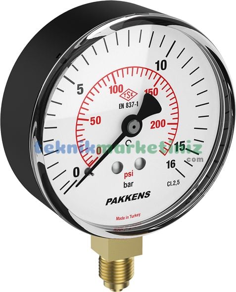 Ø100mm 0-16 Bar G1/2'' inç Alttan Bağlantılı Genel Amaçlı Kurutip Manometre, Basınç Göstergesi CL2,5 PAKKENS