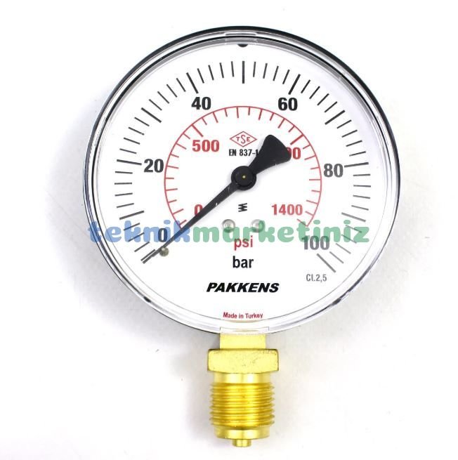 Ø100mm 0-100 Bar G1/2'' inç Alttan Bağlantılı Genel Amaçlı Kurutip Manometre, Basınç Göstergesi CL2,5 PAKKENS Metal Gövde, Akrilik Kapak