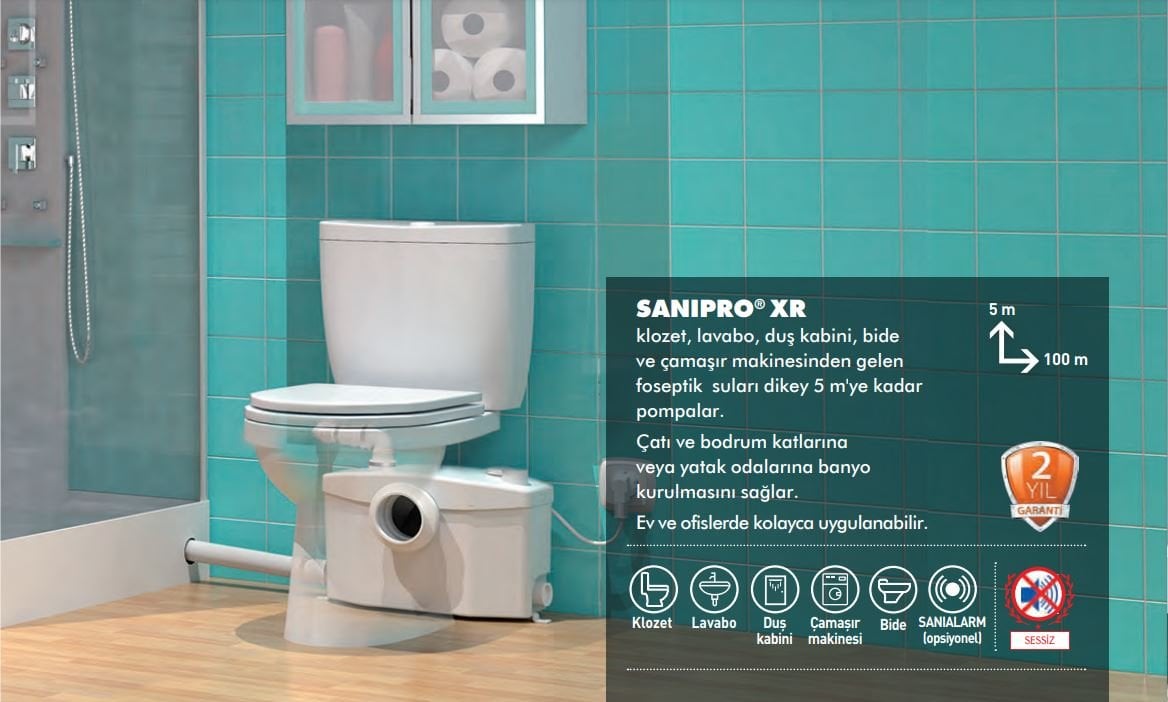 Sanipro XR 1 Klozet+1 Lavabo+1 Duş Kabini+1 Çamaşır Makinesi+1 Bide Gideri Öğütücülü, Bıçaklı Foseptik Tahliye Pompası 4 Tahliye Girişli WC+3 Ünite
