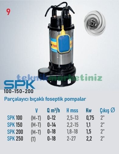 SPK 100 1HP Parçalayıcı Bıçaklı Kendinden Flatörlü Foseptik Dalgıç Pompası 2'' çıkışlı STAR POMPA