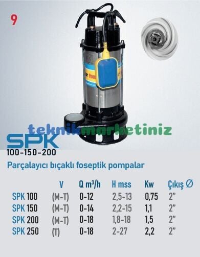 SPK 150 1,5HP Parçalayıcı Bıçaklı Kendinden Flatörlü Foseptik Dalgıç Pompası 2'' çıkışlı STAR POMPA