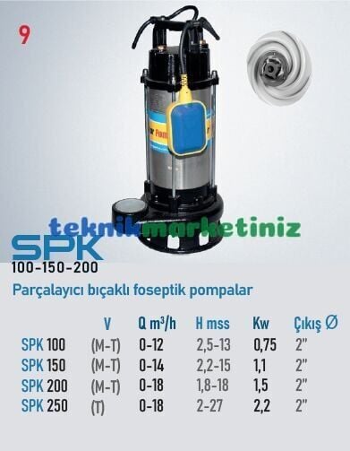 SPK 200 2HP Parçalayıcı Bıçaklı Kendinden Flatörlü Foseptik Dalgıç Pompası 2'' çıkışlı STAR POMPA