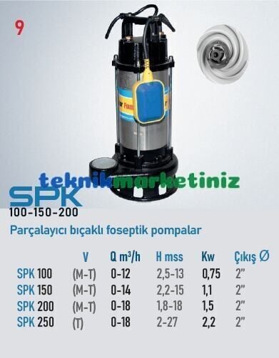 SPK 250 3HP Parçalayıcı Bıçaklı Kendinden Flatörlü Foseptik Dalgıç Pompası 2'' çıkışlı STAR POMPA
