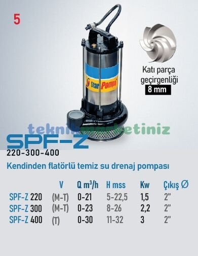 SPF Z 220 Panolu, Kendinden Flatörlü Keson Kuyu / Temiz Su Drenaj Dalgıç Pompası STAR POMPA