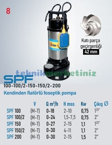 SPF 100 1HP Panolu (BIÇAKSIZ) Kendinden Flatörlü Pis Su, Foseptik Dalgıç Pompası STAR POMPA
