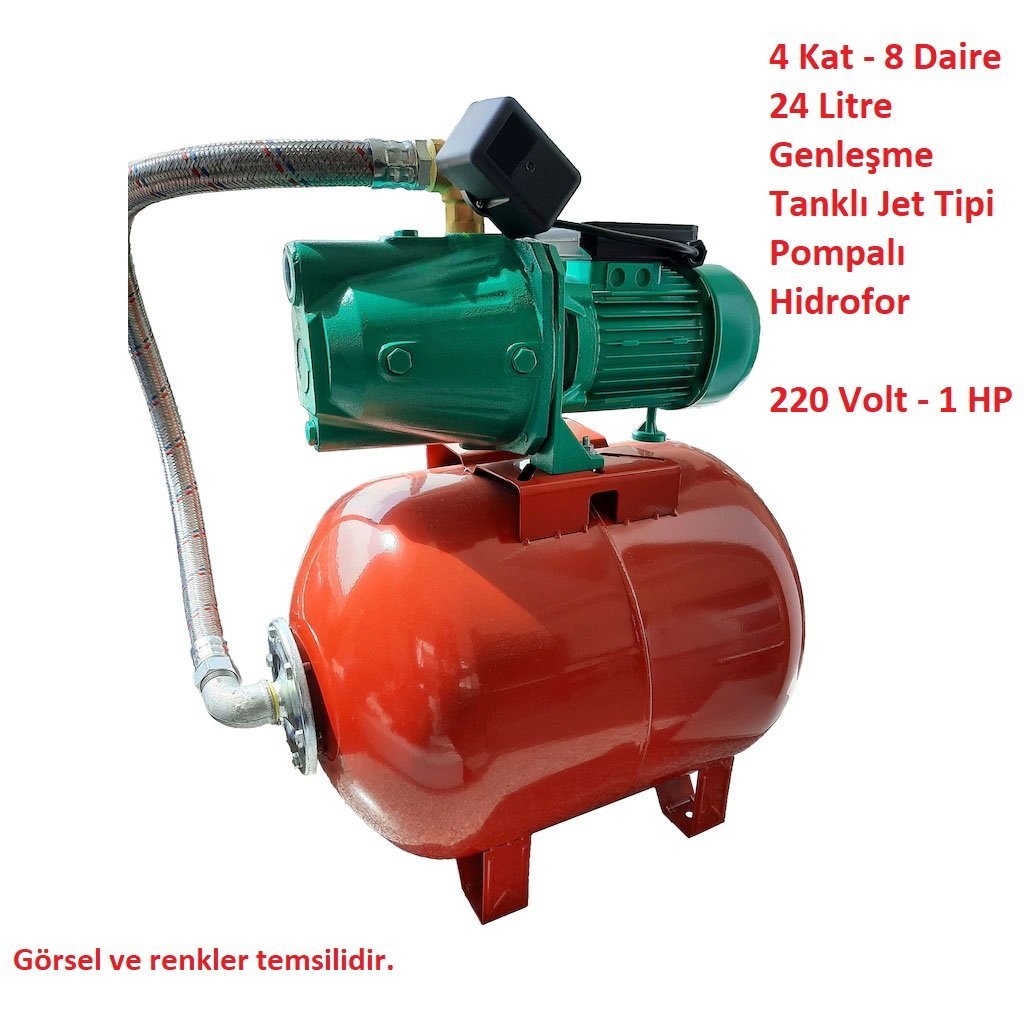 4 Kat - 8 Daire Kapasiteli 24 Litre Yatık Tanklı Paket Hidrofor 50mss - 5 m3/saat 220 Volt 1 HP Jet Tipi Pompalı