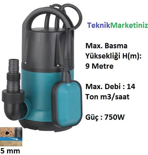 750W 9 mSS - 14 Ton m3/saat Temiz Su Drenaj Dalgıç Pompası Plastik Gövdeli 220Volt MOMENTUM PKS-750PE