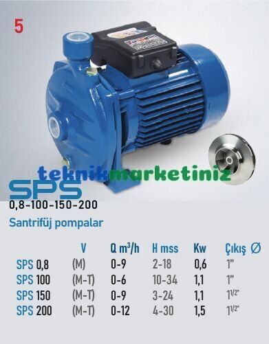 SPS 200 2HP Santrifüj Pompa H(max):30mSS, Debi(Max):12m3/saat STAR POMPA