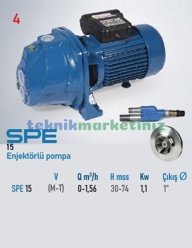 SPE 15 Enjektörlü(Derinden Emişli) Su Pompası 1,5 HP - 1,1KW Enjektörlü Pompa STAR POMPA