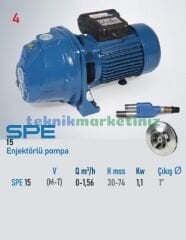 SPE 15 Enjektörlü(Derinden Emişli) Su Pompası 1,5 HP - 1,1KW Enjektörlü Pompa STAR POMPA