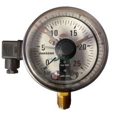 Ø100mm 0/25 Bar Alttan Bağlantılı ÇİFT Elektrik Kontaklı Hassas Manometre, Basınç Ölçer IP65 Kurutip G1/2'' CL1,0 PAKKENS