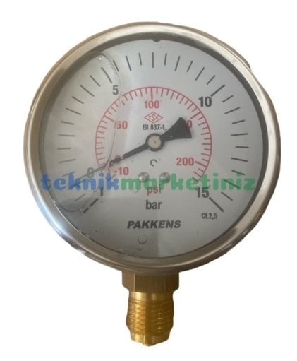 Ø100mm -1 / +15 Bar Alttan Bağlantılı Gliserinli (Sıvı Dolgulu) G1/2'' ManoVakummetre CL2,5 PAKKENS